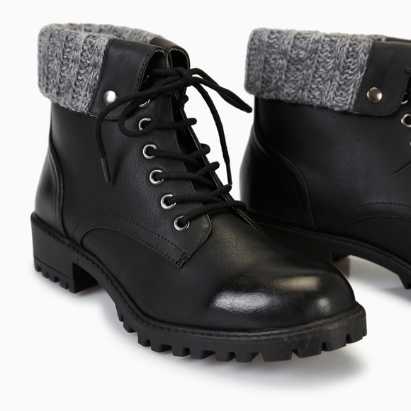 Black Foldover Combat pu leather military lace up Ankle Booties Booties - Picture 2 of 4